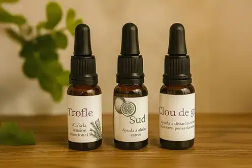 Frascos de aceites esenciales con etiquetas para aliviar tensión y estrés
