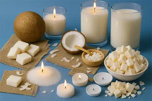 Bloques de cera de soya y velas encendidas sobre fondo azul